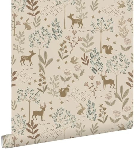 papier peint forêt avec des animaux de la forêt beige et vert 53 cm x 10.05 m - ESTAhome