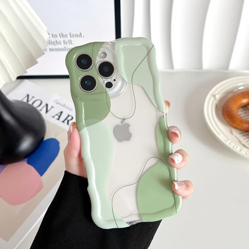DEFBSC for iPhone 15 Pro Max Case Cute Clear Wavy Curly Design,Green | Wave Frame Colour Mix Aesthetic Pattern Durable Stylish Shockproof Soft Phone Cover for Women Girls Full Camera Protection