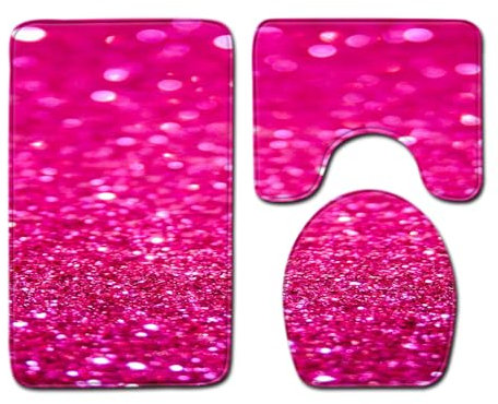 Bad Teppiche Set Rose Red Print Badezimmerteppich Waschbar WC Vorleger mit Ausschnitt und WC Deckelbezug 3 Teilig Badematte rutschfest Toilettensitzbezug Badgarnitur 50x80 cm