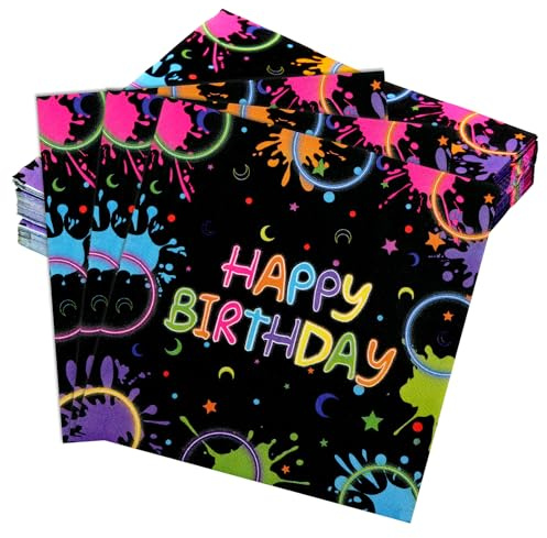 48 Stück Servietten Geburtstag, Happy Birthday Servietten 33x33cm,Neonfarbe | Zum Einwickeln von Besteck & Abwischen von Essensresten, Papierservietten für Geburtstag Party Feiern Deko