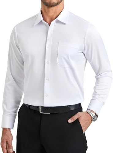 Enlision Camicia Bianca Uomo Maniche Lunghe No Stiro Elasticizzata Antipiega Taglio Regolare con Bottoni e Tasca per Ufficio Cerimonia Formale XXL