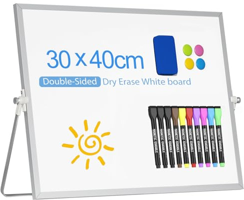 Magnetisk whiteboard avtorkbar för skrivbord med stativ, 30 x 40 cm, upphängningsbar dubbelsidig vit bräda, tagbart bord whiteboard staffli för planering, presentationer och undervisning