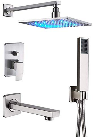 Système de Douche en Nickel brossé, Pomme de Douche à Effet de Pluie LED, Ensemble de robinets de Douche de Salle de Bain, vanne de Commande en Laiton à 3 Voies, mitigeur de Douche de Bain, 16 Pouces
