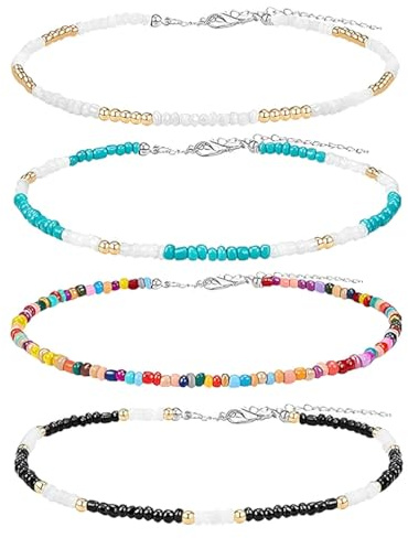 WUSJCOF Colliers d'Été Femme, 4 Pièces Ras du Cou avec Perles Colorées Bohème, Collier Ajustable pour Vacances et Usage Quotidien