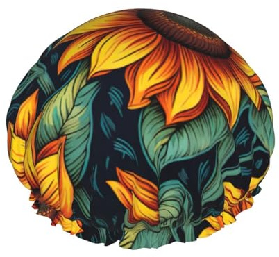 Spring Sunflowers Retro Blumen Druck Duschhaube - Doppellagig, Atmungsaktiv, Verstellbares Gummiband, Langlebige Reiseutensilien