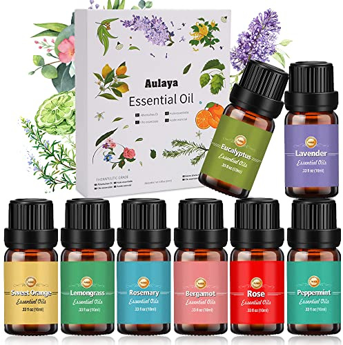 Ätherische Öle Set 8 x 10 ml, 100% Naturrein Aroma Duftöl Rosmarin, Bergamotte, Eukalyptus, Lavendel Pfefferminze, Zitronengras Bergamotte etc für Diffuser, Seife, Kerzen, Luftbefeuchter, SPA