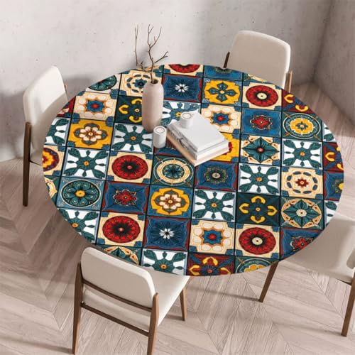 FANSU Tischdecke Outdoor Wetterfest Rund mit Gummizug, Rund Tischdecke mit 3D Muster Waschbar und Abwischbar für Esstisch, Couchtisch, Gartentisch Geeignet (Elegantes Retro D,150cm)
