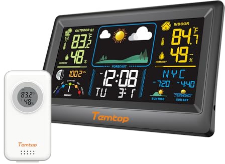 Temtop Weather Station Indoor Outdoor Sensor Wireless W100 Digital Thermometer Alarm Clock with Weather Forecast, Barometric Pressure, Moon Phase, Sunrise, Temperature Humidity Monitor for Home