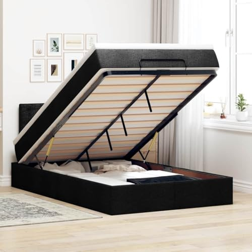 Qnhdfrt Ottomanenbett mit Matratze 120x200 cm Schwarz Stoff Bettgestell mit Hydraulik-Mechanismus und Taschenfederkernmatratze für erholsamen Schlaf und optimalen Stauraum