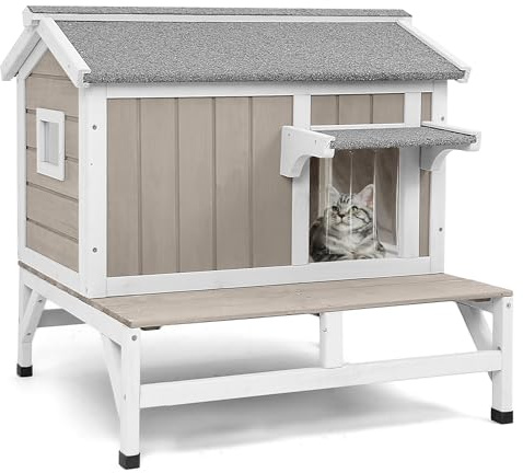 Ketive Insulated Cat House Weatherproof Outdoor Feral Cats Shelter Warm Home for Winter Indoor Cat Condo Elevated 8.3 Platform Balcony Waterproof Roof for1-3 Community Cats Small Pets