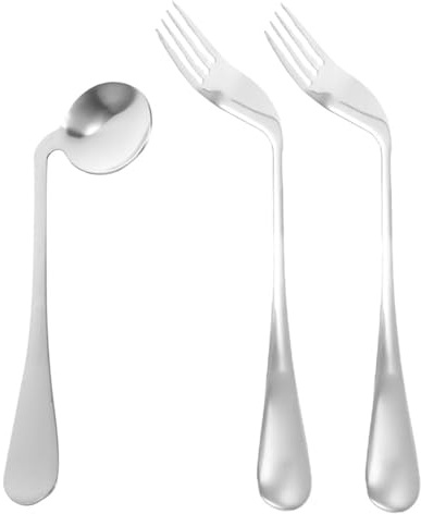 FIXOSHEE Utensilios Ergonómicos para Alimentación Cuchara Inclinada Ligera y Tenedor de Acero Inoxidable para Ancianos y Pacientes para Facilitar Comida Cama