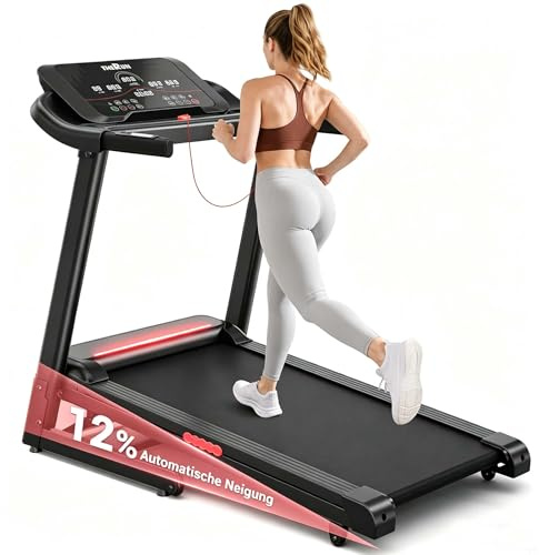 THERUN Laufband für Zuhause Klappbar bis 14km/h und 3.0 PS, Laufband Klappbar mit 12% Steigung &LED Ambient, Walking Pad für Büro mit 12 Trainingsprogrammen bis 150KG, 110cm*40cm Laufgürtel(Rot)