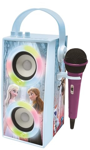 Lexibook Disney Frozen - Altoparlante portatile Bluetooth con microfono, effetti di luce, karaoke, wireless, USB, scheda SD, batteria ricaricabile, blu/viola, BTP180FZZLXB
