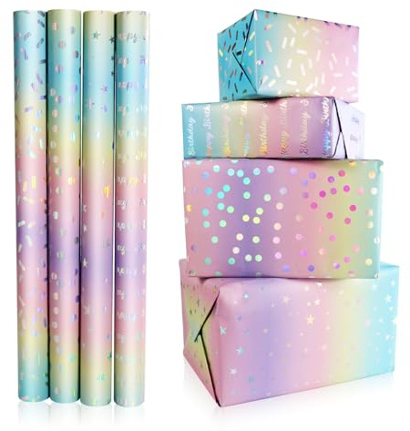 FeinKulturia Papel de regalo de cumpleaños 43 x 300 cm, 4 rollos de papel de regalo brillante arcoíris para niños y adultos, para Navidad, bodas, día de San Valentín, regalo de fiesta