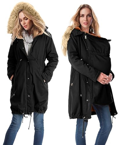 Generisch Chaqueta de maternidad con inserto para bebé, chaqueta de invierno para mamá y bebé, abrigo de plumón, chaqueta 3 en 1, chaqueta de maternidad con cordón ajustable y cuello de piel, abrigo