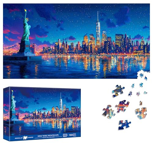 Reofrey Puzzles for Adults 1000 Pieces - NEW YORK NIGHTSCAPE, Special Shape Jigsaw Puzzles, Challenging Impossible Puzzle, Fun Family Game & Unique Home Decor (16x31 Inch /41x80cm) Idea
