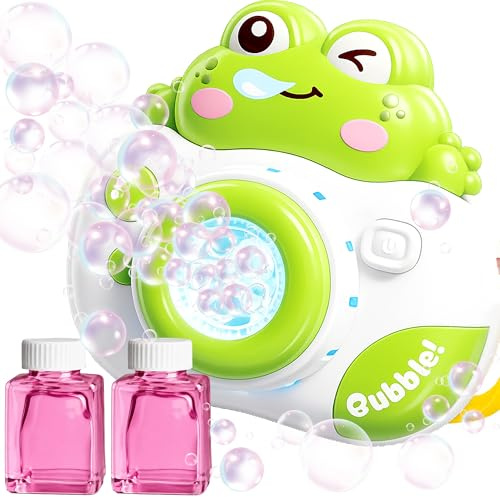 Macchina Bolle Rana Fotocamera, Automatica Macchina Bolle di Sapone per Bambini, con Liquido per Bolle, Giocattoli di Musica e Luci Bambino 3-8 Anni per Festa di Compleanno Matrimonio all'aperto