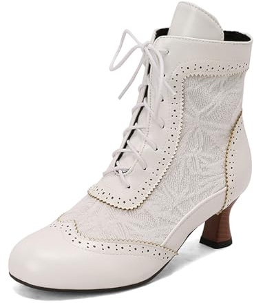 Bottes vintage pour femme - Couleur unie - Lacets victoriens - Lacets Steampunk - Avec talon gothique - Bottes de cowboy western - Bottines à talon bloc, Blanc., 39 EU