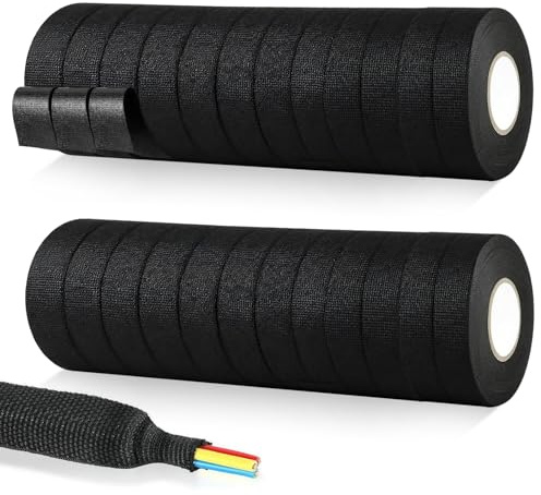 Akamino 24 Rolls Wiring Harness Loom Insulating Tapes,19mmx 15m Black Adhesive Cloth Fabric Wiring Looms, Heat Resistant Electrical Cable Tapes for Cars Auto Vehicle Motorcycle Cable Fixed