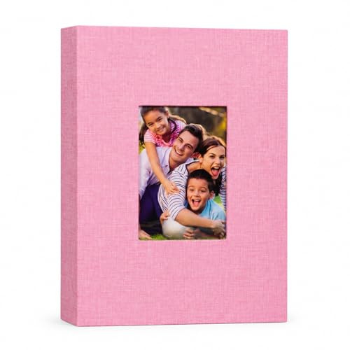 GOOGO Álbum de fotos 10x15 para 300 fotos con espacio para escribir, con cubierta de lino y páginas transparentes, para familia, boda, bebé, niños y viajes (rosa)