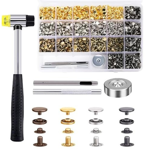 600 Set Leather Rivets, 3 Sizes Multicolor Double Cap Rivets, Rivet Kit with Hollow Punch Fixing Tool, Punch Tool and Rubber Harmmer for Clothes, Shoes, Jackets (Gold/Silver/Bronze/Black)