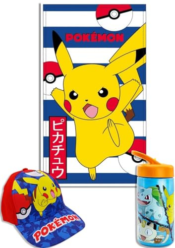 MARUKATSU Pokémon Pack Playa Niño Completo Toalla 140x70 cm + Gorra Ajustable + Botella 410ml – Set Verano Infantil Microfibra Secado Rápido Piscina Pikachu
