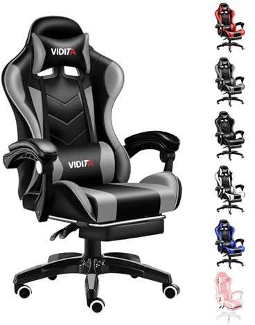 Grey and Black Gaming Chair, Ergonomic Fabric Desk Chair with Neck Support, Breathable Swivel Computer Chair for Home Office & Gaming, Adjustable Seat for Work, Study, Streaming & Everyday Comfort