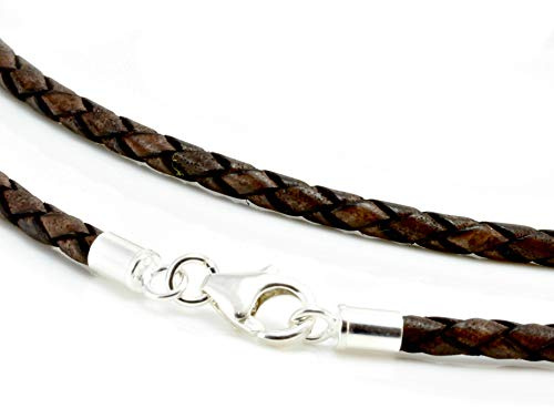 CMJ London Men's/Ladies Braided Leather Necklace with Sterling Silver Carabiner Clasp – Genuine 3mm Braided Leather Cord – Handmade in the UK – Choice of 8 Colours