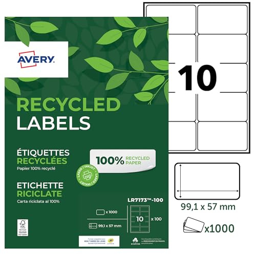 Avery - Avery LR7173-100 Adress-Etiketten, recycelt, weiß, 99,1 x 57 mm, 1000 Stück