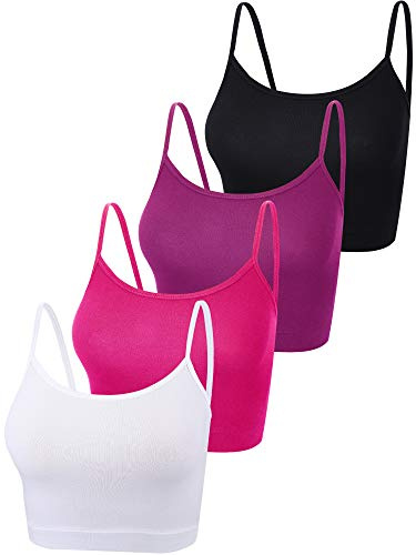 Boao 4-pack beskurna linnen för kvinnor, bomull spagettirem magtröja basic sport magtröja linne halvlinne för tonårsflickor, Svart, lila, rosenröd, vit, S
