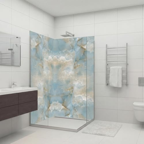 dedeco Eck-Duschrückwand wasserfest Motiv: Marmor V8, 2 x 90x200 cm, Badrückwand, Fliesenersatz fugenlos Wandverkleidung Duschplatte Duschrückwände aus Aluminium, Made in Germany