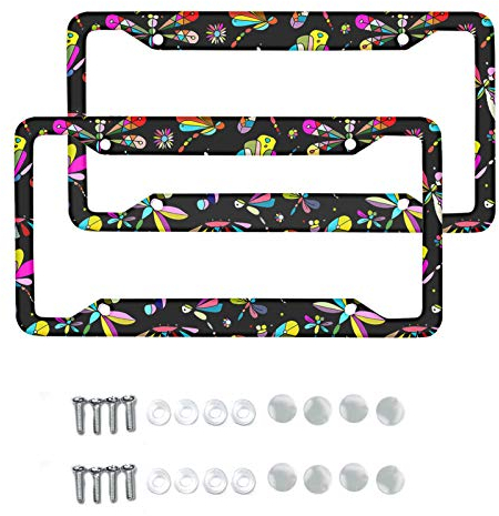 Binienty Standard-Kennzeichen-Abdeckung, rostfrei, wasserdicht, 2-teiliges Set, bunte Libellen-Druck, Metall-Autoanhänger mit Löchern.