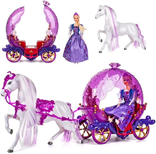 Puppen Kutsche mit Pferd & Puppe - lila passend für Barbie Puppen - Steffi Love - LOL Surprise Spielzeug Puppe - Prinzessin Pferdekutsche - Märchenkutsche..