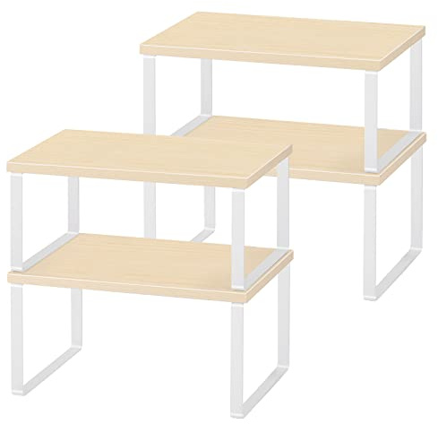 Cupboard Shelf Organisers Set of 4 Kitchen Cabinet Shelf Organizer Wood Stackable & Expandable Countertop Shelf Organizer Rack for Bathroom Pantry Racks White