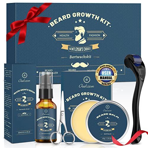 Beard Growth Kit, Oukzon Bart Wachstum Set - Bartwuchsmittel Männer mit Bartroller 0,25mm, Bartwuchs Bartöl, Bartbalsam, Bartschere, Bartwachstum Bartpflege Set, Vatertag Weihnachten Herren Geschenke