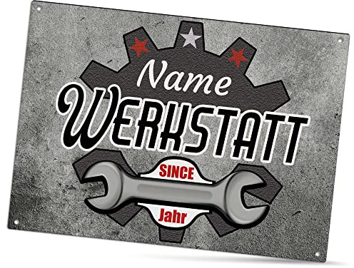 Werkstattschild selbst gestalten - Werkstatt since - personalisiert mit Name und Datum, Geschenk für Handwerker, Outdoorschild aus Aluminium | Wetterfest, 21x15 cm