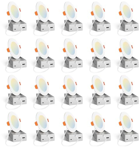 Amico 20 Pack 4 Inch 5CCT Ultra-Thin LED Recessed Ceiling Light with Junction Box, 2700K/3000K/3500K/4000K/5000K Selectable, 11W Eqv 70W, Dimmable Can Light, 800LM High Brightness Downlight - ETL