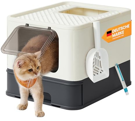 Feandrea Katzenklo, Katzentoilette, mit Deckel, ausziehbares Tablett, Schaufel, Bürste, für Katzen bis 15 kg, weniger Spuren, auslaufsicherer Boden, beige-schwarz PPT001W01