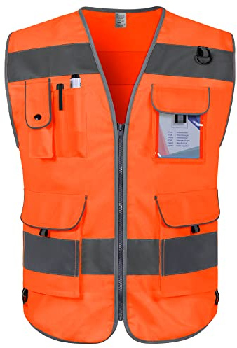 Graunton Hi Vis Vests for Men 9 Pockets with Reflective Strips Orange L | ANSI 107-2020 Hi Vis Vest, 100% Breathable Polyester, 360° Reflective, D-Rings & Hidden Zip Pocket, For Construction Work