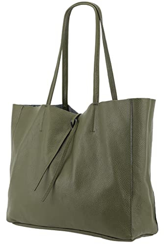 SH Leder ® Damen Echt Rindleder Shopper in Querformat mit Innentasche in vielen Farben Schultertasche Henkeltasche 30x37cm Maja G514 (Olivgrün)