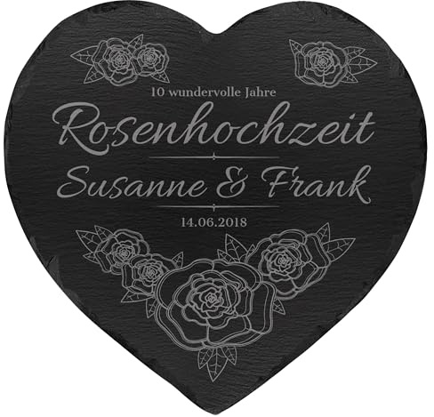 mtb more energy Personalisierbare Schiefertafel Herz ''10 Jahre Rosenhochzeit'' - individuell anpassbar - 20x20 cm - Laser Gravur auf Schieferherz - Hochzeit Geschenk