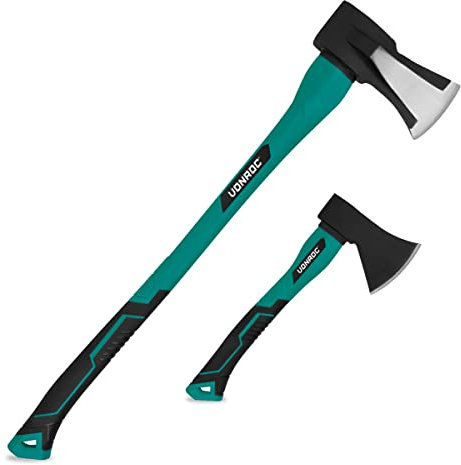 VONROC Set con ascia da taglio spaccalegna e ascia a mano | Testa in acciaio temprato - Manico rinforzato in fibra di vetro