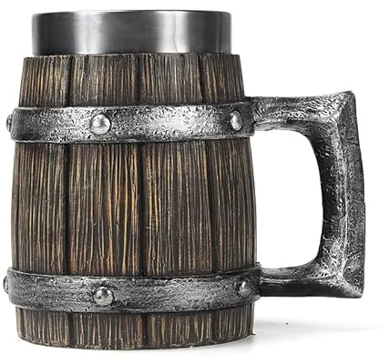 Viking Wooden Barrel Tankard Creative Hand-painted Resin Beer Stein, 304 SS Liner Wine Goblet Coffee Mug Handmade Creative Gift Home Decor, Capacity 20 OZ (Dark brown)
