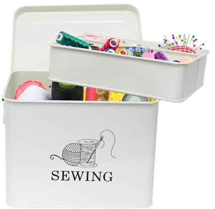 Xbopetda Metal Sewing Box, Sewing Kit Storage Box - 2-Tier Sewing Basket with Removable Tray, Sewing Supplies Organizer, Sewing Storage Box for Scissors, Thread, Pins, Needles & Clips (White)