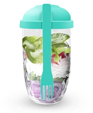CheurYae Lot de 2 tasses à salade portables avec fourchette et récipient à vinaigrette, tasses réutilisables pour légumes, fruits, travail, école, camping, repas (vert)