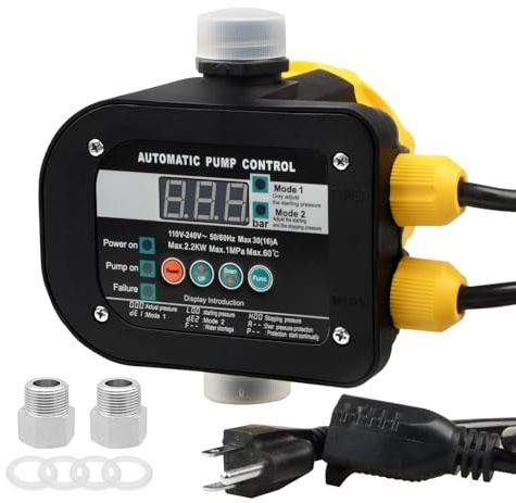 OELFFOW Smart Pump Controller with 2 Metal Pump Connector, BSPP G1 Threaded Interface, 2 Modes Digital Display, Adjustable Pressure, High Power, for Home, Garden, Industrial Use