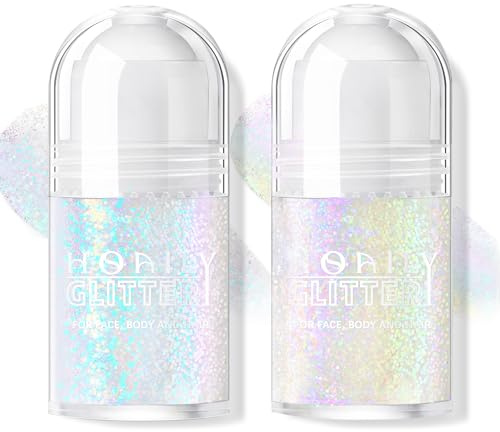 HOSAILY 2 Colors Roll-on Body Glitter Gel, Holographic Glitter Gel Under Light for Face Hair, Body Shimmer for Rave Accessories Christmas New Year Halloween Makeup (Golden Ocean+Neon Violet)