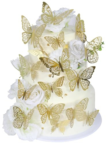 Xsstarmi 42 Packung Tortendeko 3D Schmetterling Tortenaufsatz Lebendiger Schmetterling Wanddekoration Hohler Wanddekoration Babyparty Geburtstag Hochzeit Party Zubehör Gold