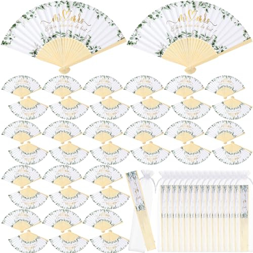 Namalu 60 Stück Hochzeit Handfächer Gastgeschenk für Hochzeit Weiß Papierfächer Eukalyptus Faltbarer Taschenfächer mit Organzabeutel Bambus Klappfächer für Hochzeitsgäste Sommer Geburtstag Party