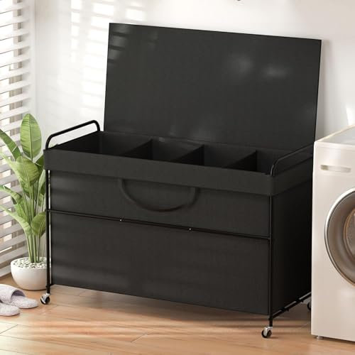 YKDIRECT 240L Großer Wäschekorb 4 Fächer Wäschekorb mit Deckel, Abnehmbare Tasche & Metallstruktur mit Industrierädern, Geeignet für Badezimmer, Schlafsaal, Waschküche (Schwarz, 240L)